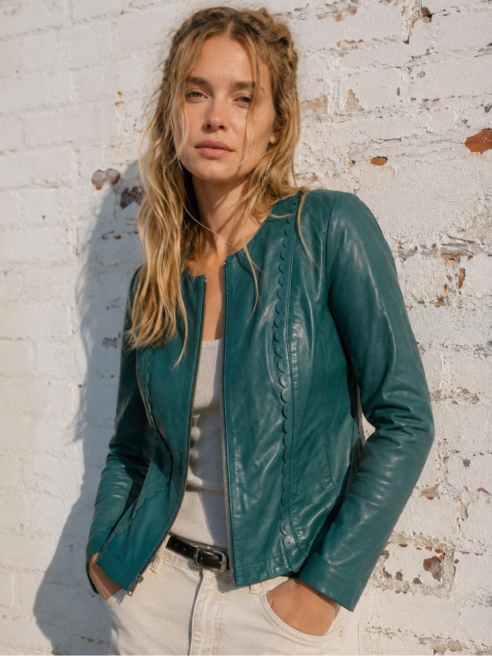 hinge Teal Scallop-Trim Leather Jacket - NWOT - Sz S